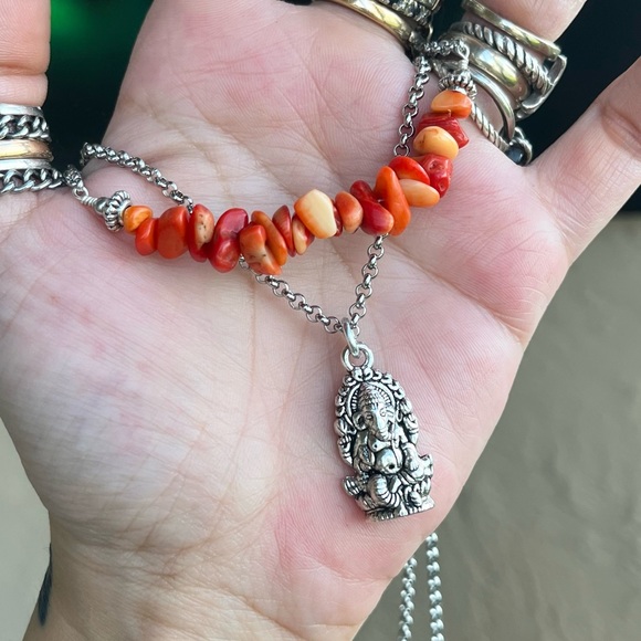 Set ! Red orange coral double layer ganesh necklace + earrings boho yoga zen gem - Picture 9 of 14